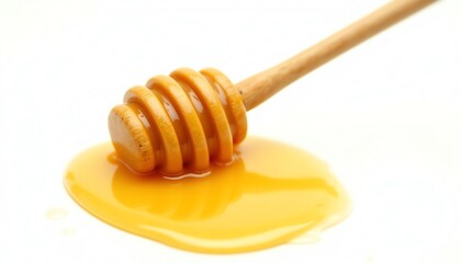 Golden honey drips from a wooden dipper.