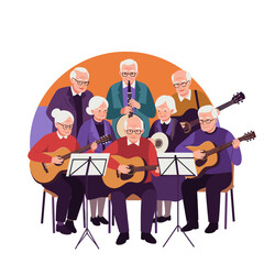 Fototapeta premium Elderly musicians playing instruments in a cheerful group setting 