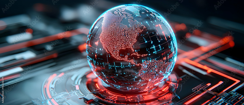 Poster digital globe with glowing lines and a circuit board background. represents global connections infor