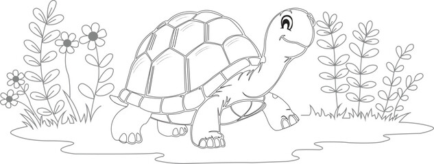 Cute cartoon turtle walking in a garden – black and white outline vector illustration for kids coloring book, slow animal character in nature scene