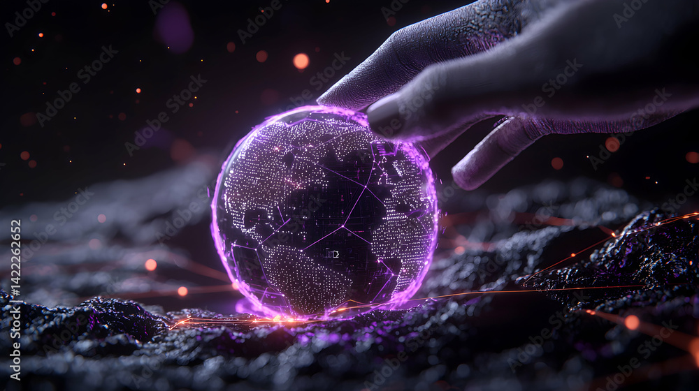 Poster A digital globe rests in a rocky landscape. A hand gently touches it hinting at global connection. Use this image for tech or data visualization.