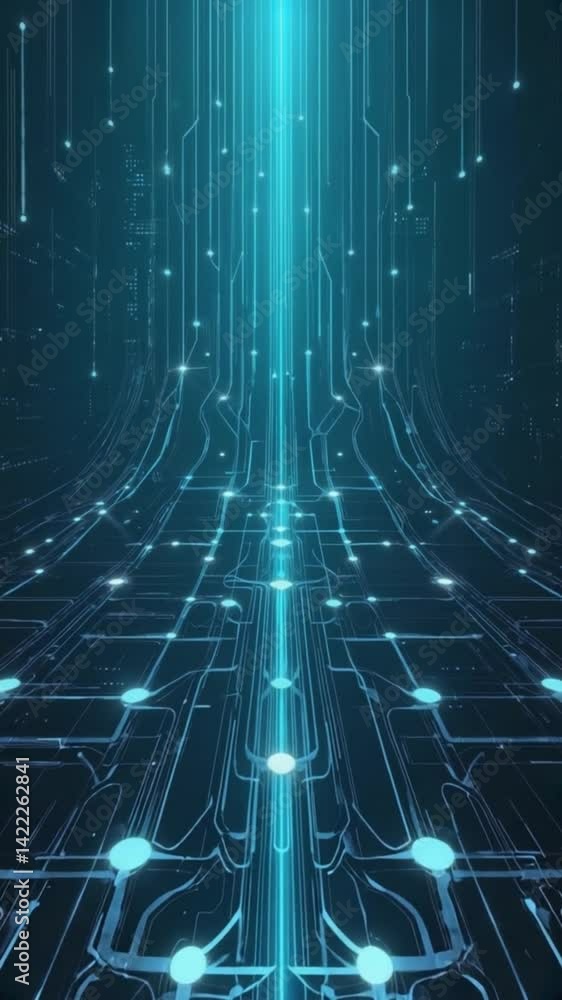 Poster a stream of glowing blue circuits cascades toward the viewer in a digital landscape. concept of high