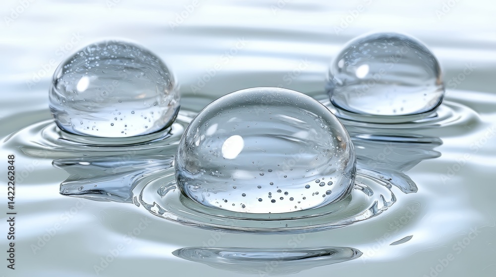 Leinwandbilder three clear spheres of water are floating on top of a body of water. the spheres are of different si