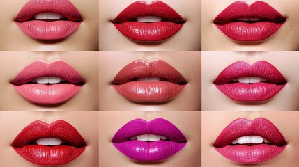 Obraz premium A row of women's lips, each with a different shade of lipstick