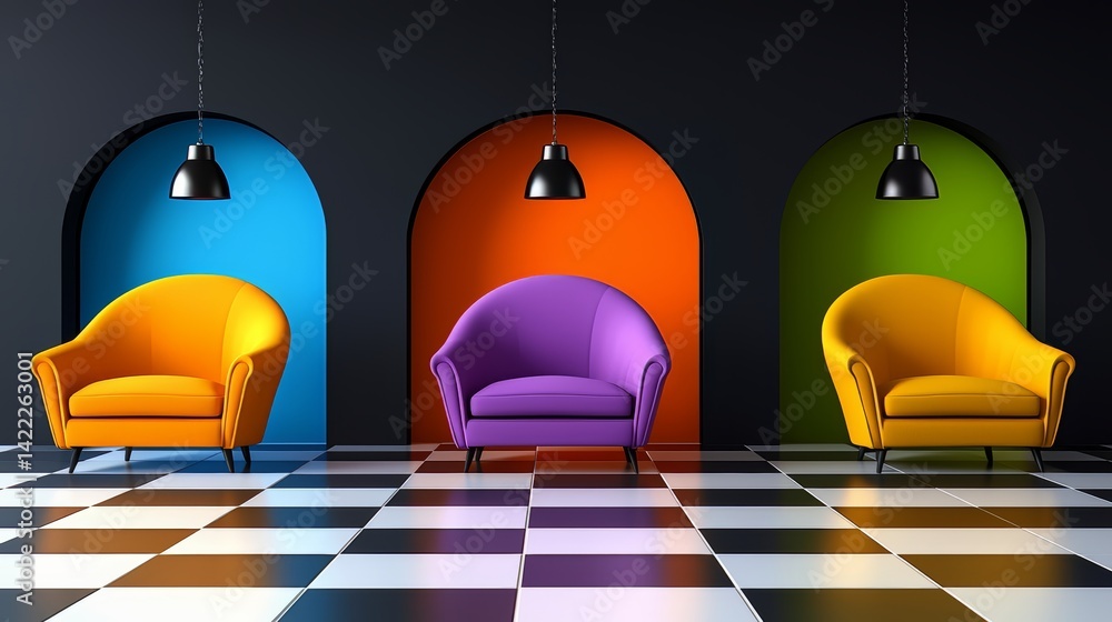 Aufkleber three colorful chairs are arranged in a room with a checkered floor. the chairs are of different col