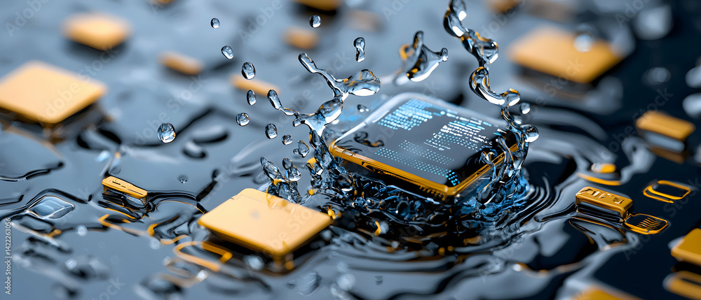 Poster a futuristic image showing circuits water droplets and circuit board components. illustrates technol