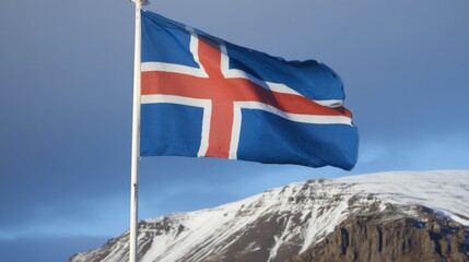 Icelandic flag waving against snowy mountain background