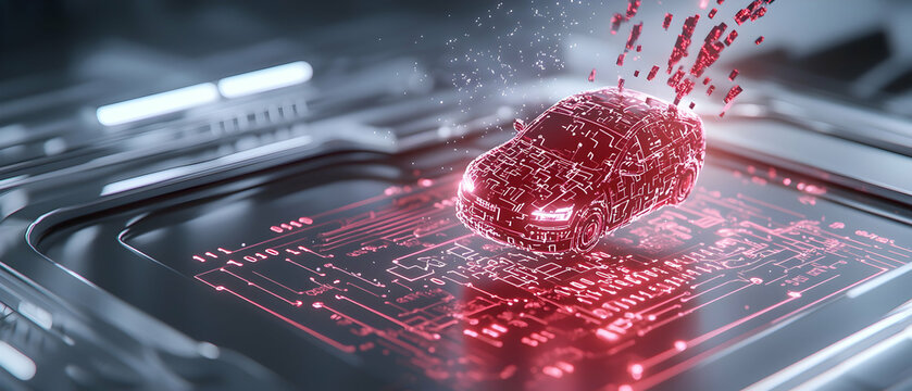 A digital car concept rendered on a circuit board. Perfect for tech presentations showcasing innovation and autonomous vehicle technology.