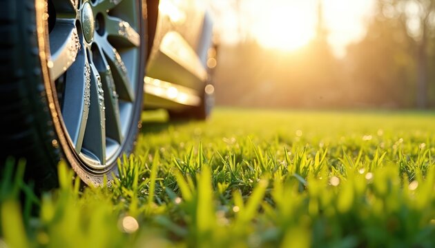 Wet car tire, grass, sunlight. Freshly washed automobile wheel glistens in sunshine. Drops sparkle, details show vehicle care. Spring season, clean auto outdoors, background natural green.