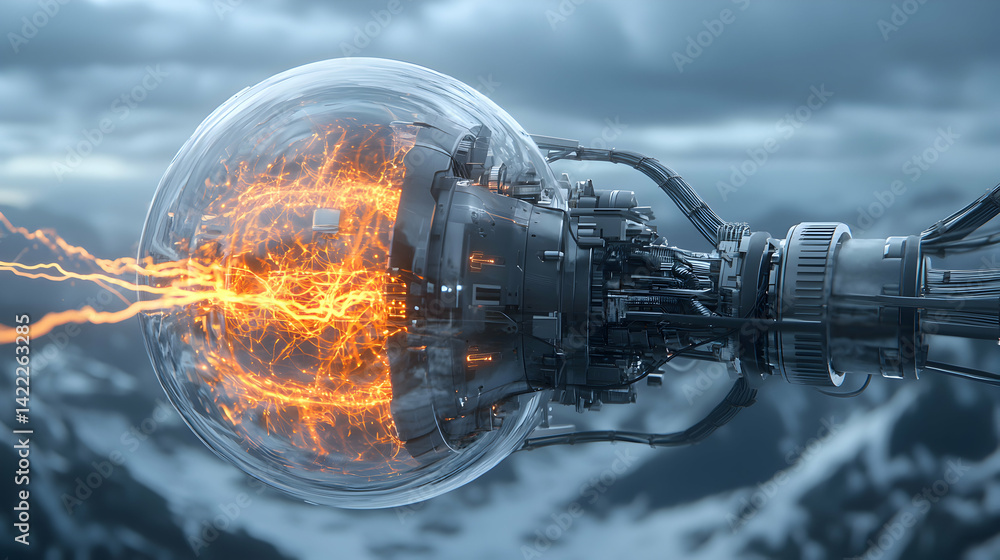 Poster futuristic orb shows energy. this could be a power source or energy weapon concept. its design sugge