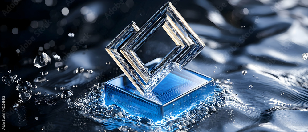 Aufkleber abstract image features a geometric structure submerged in water with droplets creating a dynamic ef