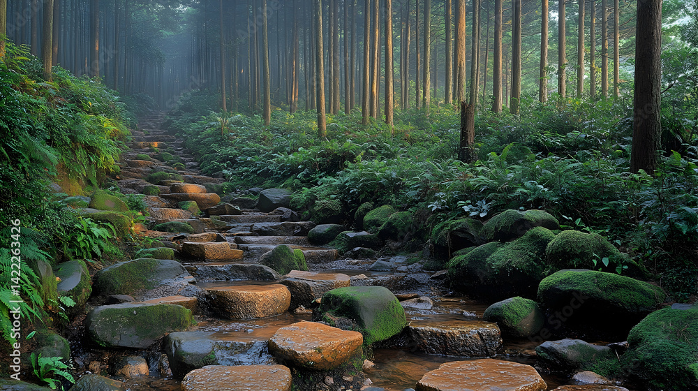 Poster mossy stones form a path through lush green ferns and towering trees in a hazy serene forest light s
