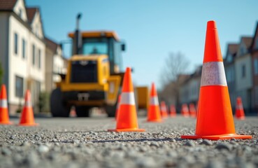 Bright orange, white traffic cones on gravel surface. Yellow machinery, buildings in background. Construction site, roadwork, development, street accident safety, warning. Transport infrastructure.