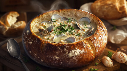 Steaming clam chowder in bread bowl