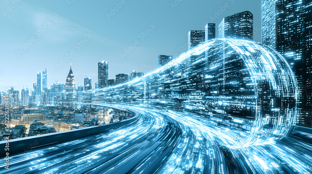 Poster a futuristic cityscape with data streams flowing through it. ideal for technology websites or presen