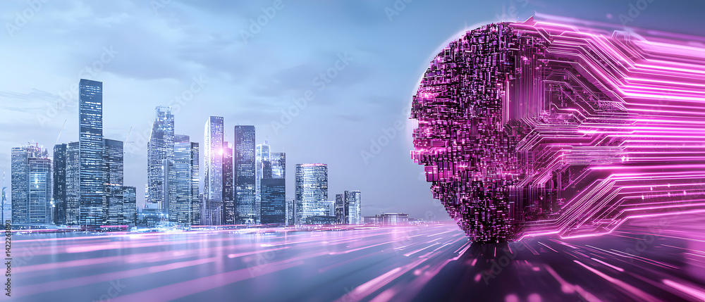 Poster a futuristic cityscape with a glowing sphere representing technology. it suggests digital transforma