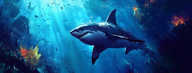 Fototapeta premium great shark swimming in the deep blue ocean