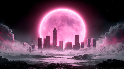 Futuristic cityscape bathed in pink moonlight. The dramatic scene is ideal for fantasy book covers or album art conveying mystery and wonder.