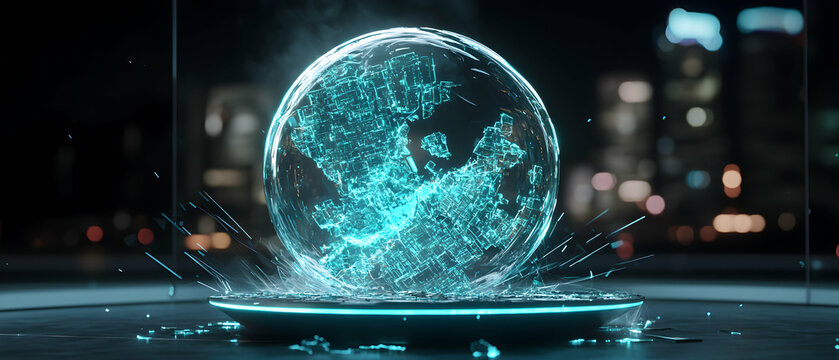 A glowing digital globe representing data transfer. Suggests global connectivity or technological advances. Perfect for tech presentations or futuristic designs.