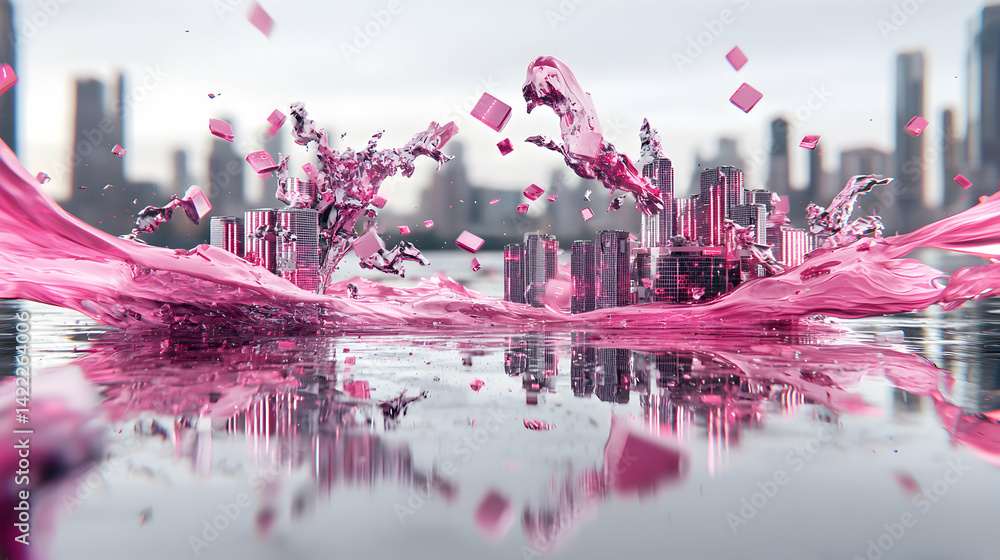 Poster pink fluid erupts across a cityscape surreal and captivating. ideal for tech telecom or abstract dig