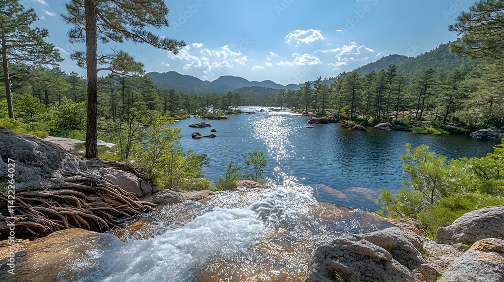 Poster scenic view of a river flowing through a forest with rocks and a waterfall against a mountain backdr
