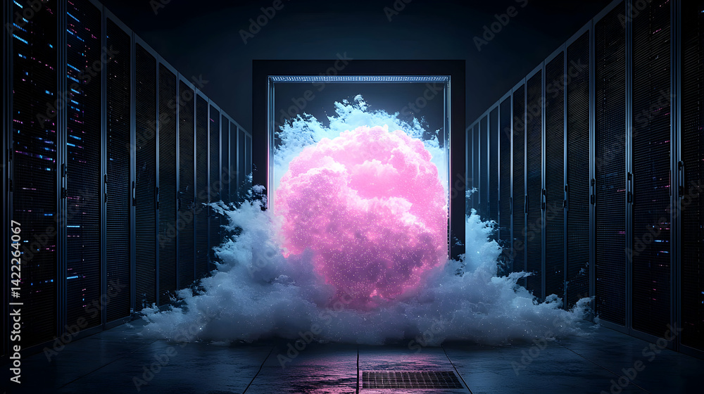 Aufkleber a data center concept depicts a glowing cloud emerging from a dark room. servers surround it represe