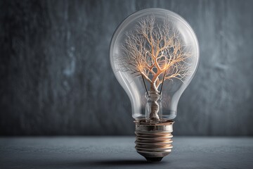 A single, clear glass lightbulb containing a tiny, intricate, glowing filament shaped like a branching tree or neural network.