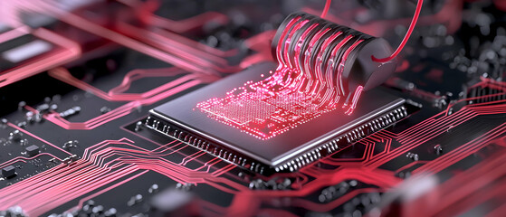 A futuristic depiction of data flow across a circuit board. It's ideal for use in tech presentations or website backgrounds highlighting innovative technology.
