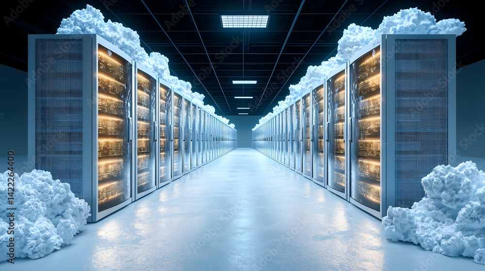 Poster a data center with server racks and cloud formations. illustrates cloud computing and data storage c