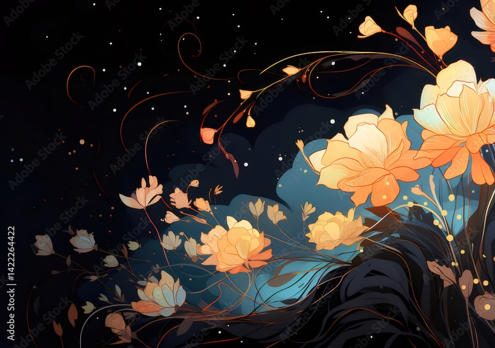 Poster 幻想的な夜空に咲き誇る金色の花々 美しい装飾デザインのイラスト 背景に黒色を使用