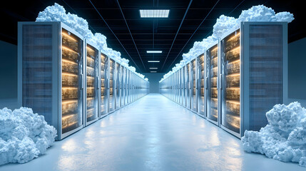A data center with server racks and cloud formations. Illustrates cloud computing and data storage concepts. Ideal for tech presentations and articles on IT infrastructure.