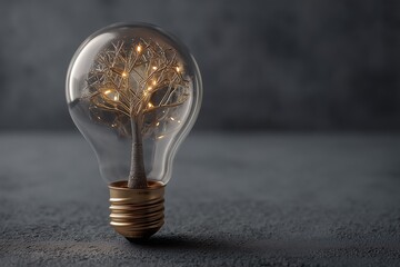 A single, clear glass lightbulb containing a tiny, intricate, glowing filament shaped like a branching tree or neural network.
