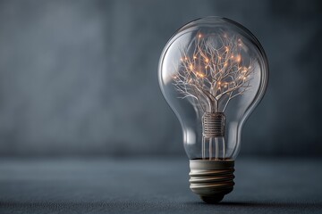 A single, clear glass lightbulb containing a tiny, intricate, glowing filament shaped like a branching tree or neural network.