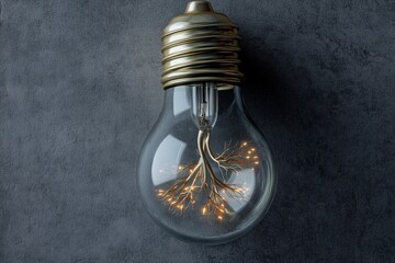 A single, clear glass lightbulb containing a tiny, intricate, glowing filament shaped like a branching tree or neural network.