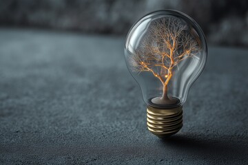 A single, clear glass lightbulb containing a tiny, intricate, glowing filament shaped like a branching tree or neural network.