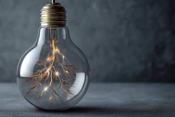 A single, clear glass lightbulb containing a tiny, intricate, glowing filament shaped like a branching tree or neural network.