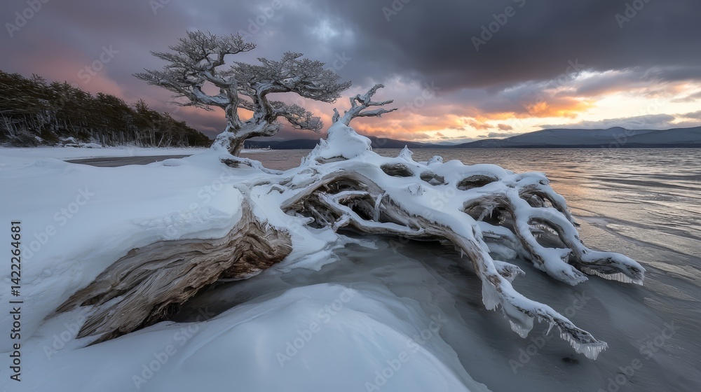 Leinwandbilder tree branch is covered in snow and is sitting on the beach. the sky is cloudy and the sun is setting