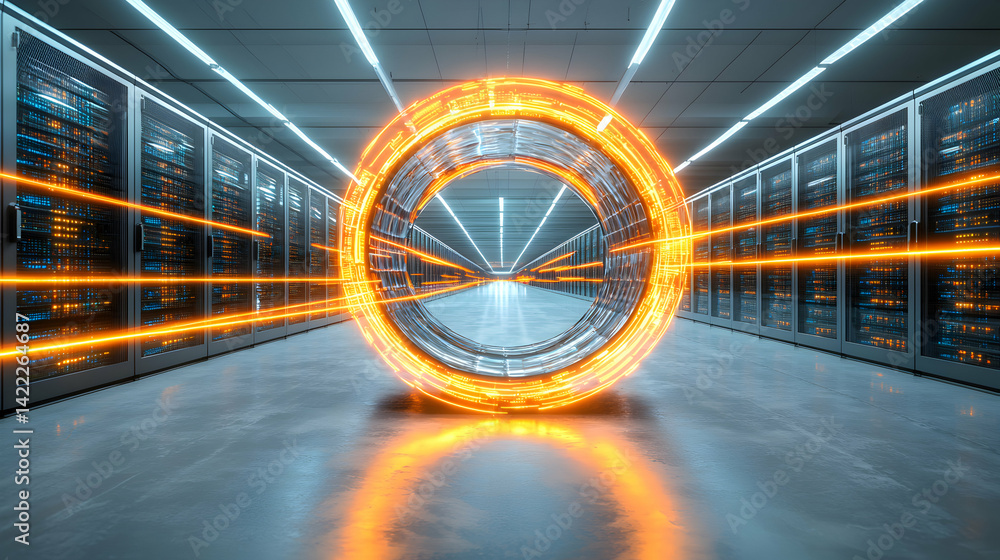 Poster a futuristic data center with a glowing portal showcasing network data transfer. suitable for techno