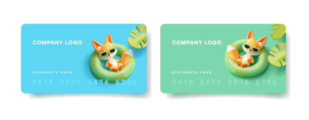 Summer discount cards, gift cards. 3D character of a fox resting on an inflatable circle on the water, tropical leaves. Discounts, goods, and services. Vector illustration.