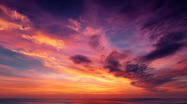 Abstract sunset background: vibrant blend of fiery orange, deep purple, and soft pink clouds over a blurred ocean horizon line. - Powered by Adobe