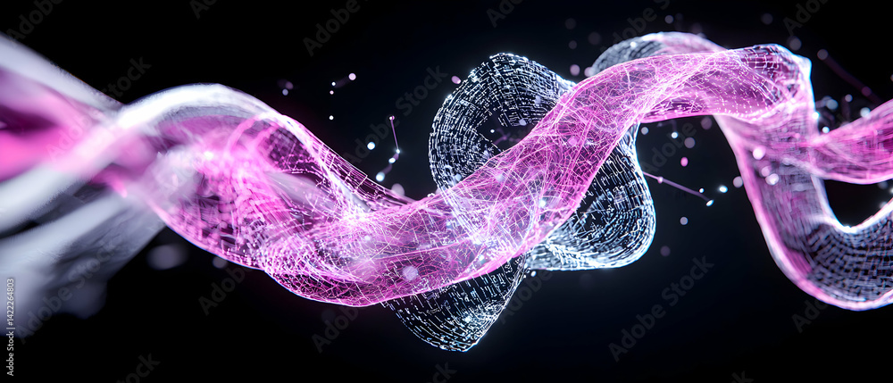Poster abstract art featuring swirling luminous structures. the image evokes digital data streams. excellen