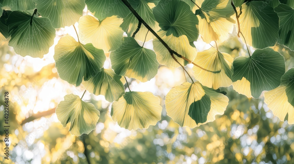 Poster tree branch with leaves is shown in the sunlight. the leaves are green and have a speckled pattern. 