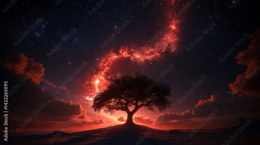Aufkleber tree is in the middle of a starry sky. the sky is filled with stars and the tree is surrounded by a 