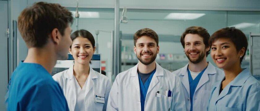 A physician addresses colleagues while others look on with confidence in a bright lab space. Concept of professional collaboration and  interdisciplinary teamwork .
