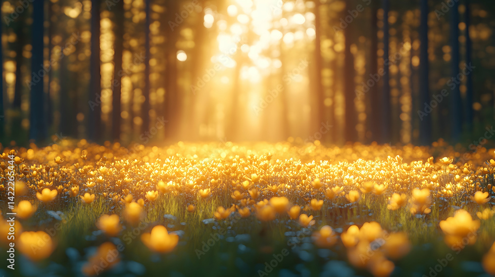Poster sunlit forest floor with golden wildflowers light streams through the trees creating a dreamy and vi