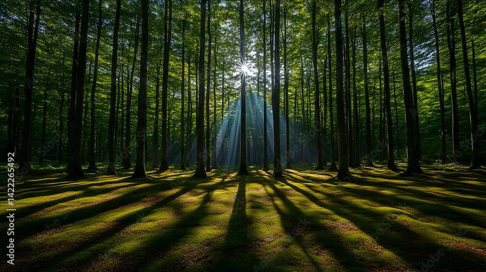 Poster sunlight streams through tall trees in a lush forest casting long shadows across the green mossy gro