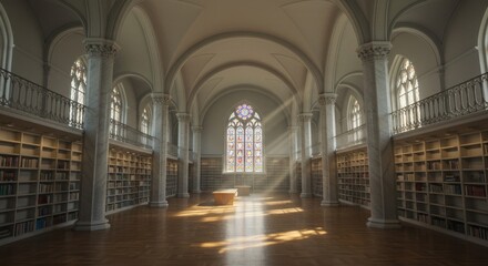 A Geometric Stylized Library Hall with Tall Bookshelves, Polished Wooden Floor, and Large Columns