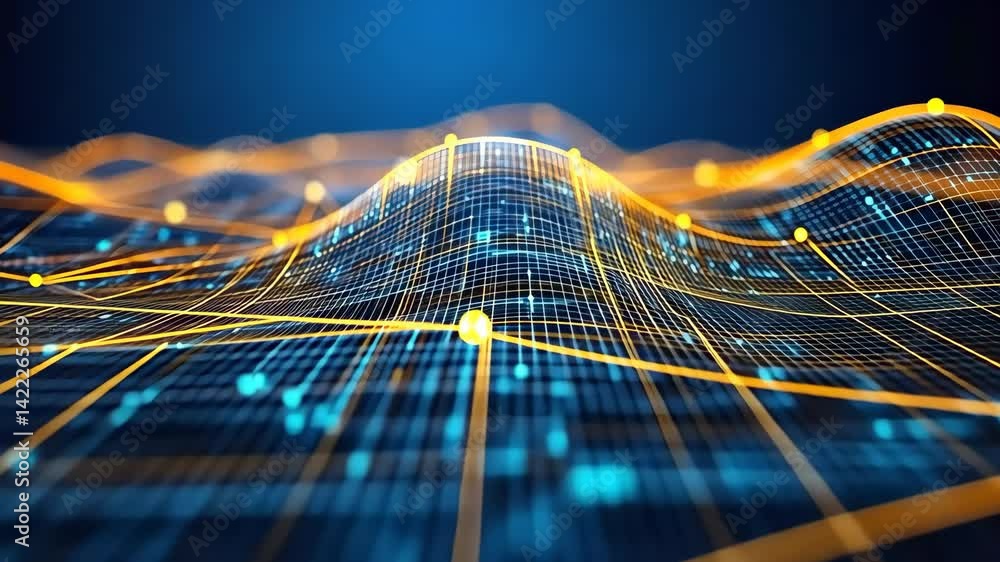 Poster abstract network grid forming a topographical landscape with glowing nodes and lines on blue backdro