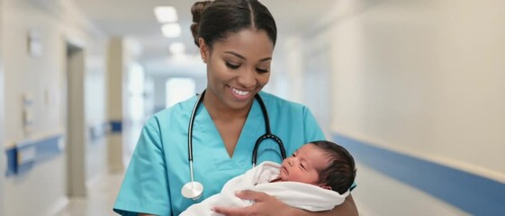 A compassionate Black nurse in teal scrubs walks with and cradles a newborn baby in a bright hospital corridor. Concept of maternal care support and professional neonatal nursing.
