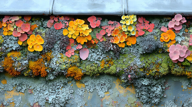 Wall covered in lichen colonies displaying variety of vivid colors pink yellow orange  light blue-green Great text